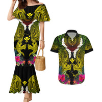 Hawaii Kanaka Maoli Couples Matching Mermaid Dress and Hawaiian Shirt Double Shark and Hibiscus Flowers LT03 Black - Polynesian Pride