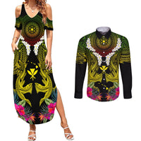 Hawaii Kanaka Maoli Couples Matching Summer Maxi Dress and Long Sleeve Button Shirt Double Shark and Hibiscus Flowers