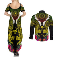 Hawaii Kanaka Maoli Couples Matching Summer Maxi Dress and Long Sleeve Button Shirt Double Shark and Hibiscus Flowers