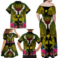 Hawaii Kanaka Maoli Family Matching Off Shoulder Maxi Dress and Hawaiian Shirt Double Shark and Hibiscus Flowers