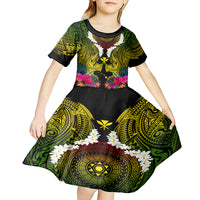 Hawaii Kanaka Maoli Kid Short Sleeve Dress Double Shark and Hibiscus Flowers