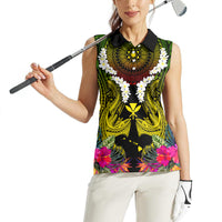 Hawaii Kanaka Maoli Women Sleeveless Polo Shirt Double Shark and Hibiscus Flowers