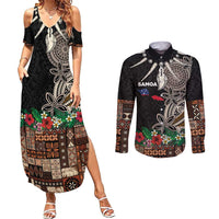 Samoa Siapo Polynesian Art Couples Matching Summer Maxi Dress and Long Sleeve Button Shirt Tropical Flowers and Tatau Pattern Brown
