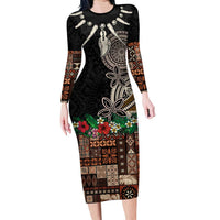 Samoa Siapo Polynesian Art Long Sleeve Bodycon Dress Tropical Flowers and Tatau Pattern Brown