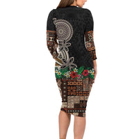 Samoa Siapo Polynesian Art Long Sleeve Bodycon Dress Tropical Flowers and Tatau Pattern Brown