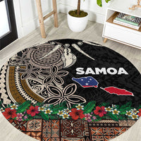 Samoa Siapo Polynesian Art Round Carpet Tropical Flowers and Tatau Pattern Brown