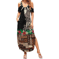Samoa Siapo Polynesian Art Summer Maxi Dress Tropical Flowers and Tatau Pattern Brown
