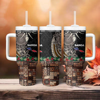 Samoa Siapo Polynesian Art Tumbler With Handle Tropical Flowers and Tatau Pattern Brown