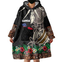 Samoa Siapo Polynesian Art Wearable Blanket Hoodie Tropical Flowers and Tatau Pattern Brown