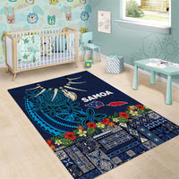Samoa Siapo Polynesian Art Area Rug Tropical Flowers and Tatau Pattern Navy