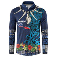 Samoa Siapo Polynesian Art Button Sweatshirt Tropical Flowers and Tatau Pattern Navy