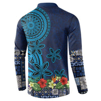 Samoa Siapo Polynesian Art Button Sweatshirt Tropical Flowers and Tatau Pattern Navy