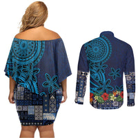 Samoa Siapo Polynesian Art Couples Matching Off Shoulder Short Dress and Long Sleeve Button Shirt Tropical Flowers and Tatau Pattern Navy