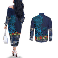 Samoa Siapo Polynesian Art Couples Matching Off The Shoulder Long Sleeve Dress and Long Sleeve Button Shirt Tropical Flowers and Tatau Pattern Navy