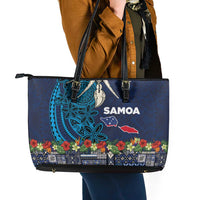 Samoa Siapo Polynesian Art Leather Tote Bag Tropical Flowers and Tatau Pattern Navy