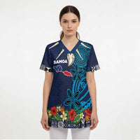 Samoa Siapo Polynesian Art Scrub Top Tropical Flowers and Tatau Pattern Navy - Polynesian Pride