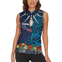 Samoa Siapo Polynesian Art Women Sleeveless Polo Shirt Tropical Flowers and Tatau Pattern Navy LT03 - Polynesian Pride