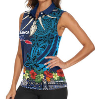 Samoa Siapo Polynesian Art Women Sleeveless Polo Shirt Tropical Flowers and Tatau Pattern Navy LT03 - Polynesian Pride