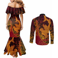 Hawaiian Volcano and Shark Couples Matching Mermaid Dress and Long Sleeve Button Shirt Polynesian and Hibiscus Pattern Lava Color LT03 - Polynesian Pride