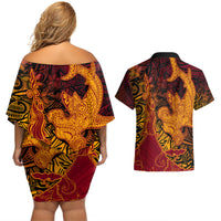 Hawaiian Volcano and Shark Couples Matching Off Shoulder Short Dress and Hawaiian Shirt Polynesian and Hibiscus Pattern Lava Color LT03 - Polynesian Pride
