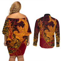 Hawaiian Volcano and Shark Couples Matching Off Shoulder Short Dress and Long Sleeve Button Shirt Polynesian and Hibiscus Pattern Lava Color