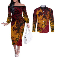 Hawaiian Volcano and Shark Couples Matching Off The Shoulder Long Sleeve Dress and Long Sleeve Button Shirt Polynesian and Hibiscus Pattern Lava Color