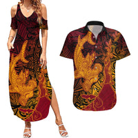 Hawaiian Volcano and Shark Couples Matching Summer Maxi Dress and Hawaiian Shirt Polynesian and Hibiscus Pattern Lava Color LT03 Red - Polynesian Pride