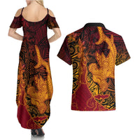 Hawaiian Volcano and Shark Couples Matching Summer Maxi Dress and Hawaiian Shirt Polynesian and Hibiscus Pattern Lava Color LT03 - Polynesian Pride