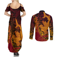Hawaiian Volcano and Shark Couples Matching Summer Maxi Dress and Long Sleeve Button Shirt Polynesian and Hibiscus Pattern Lava Color