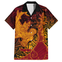 Hawaiian Volcano and Shark Family Matching Off The Shoulder Long Sleeve Dress and Hawaiian Shirt Polynesian and Hibiscus Pattern Lava Color