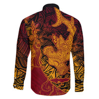 Hawaiian Volcano and Shark Family Matching Off Shoulder Maxi Dress and Hawaiian Shirt Polynesian and Hibiscus Pattern Lava Color
