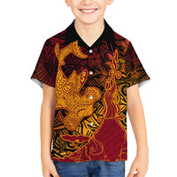 Hawaiian Volcano and Shark Kid Hawaiian Shirt Polynesian and Hibiscus Pattern Lava Color