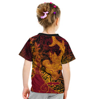 Hawaiian Volcano and Shark Kid T Shirt Polynesian and Hibiscus Pattern Lava Color