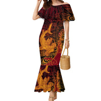 Hawaiian Volcano and Shark Mermaid Dress Polynesian and Hibiscus Pattern Lava Color LT03 Women Red - Polynesian Pride