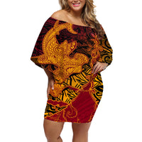 Hawaiian Volcano and Shark Off Shoulder Short Dress Polynesian and Hibiscus Pattern Lava Color LT03 Women Red - Polynesian Pride