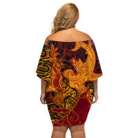 Hawaiian Volcano and Shark Off Shoulder Short Dress Polynesian and Hibiscus Pattern Lava Color