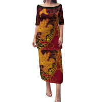 Hawaiian Volcano and Shark Puletasi Polynesian and Hibiscus Pattern Lava Color LT03 Long Dress Red - Polynesian Pride