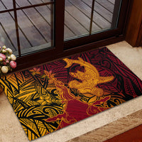 Hawaiian Volcano and Shark Rubber Doormat Polynesian and Hibiscus Pattern Lava Color