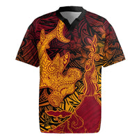 Hawaiian Volcano and Shark Rugby Jersey Polynesian and Hibiscus Pattern Lava Color LT03 Red - Polynesian Pride