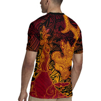 Hawaiian Volcano and Shark Rugby Jersey Polynesian and Hibiscus Pattern Lava Color LT03 - Polynesian Pride