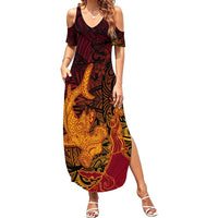 Hawaiian Volcano and Shark Summer Maxi Dress Polynesian and Hibiscus Pattern Lava Color LT03 Women Red - Polynesian Pride