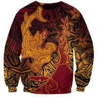 Hawaiian Volcano and Shark Sweatshirt Polynesian and Hibiscus Pattern Lava Color