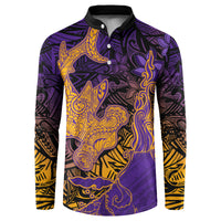 Hawaiian Volcano and Shark Button Sweatshirt Polynesian and Hibiscus Pattern Purple Yellow Gradient