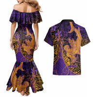 Hawaiian Volcano and Shark Couples Matching Mermaid Dress and Hawaiian Shirt Polynesian and Hibiscus Pattern Purple Yellow Gradient