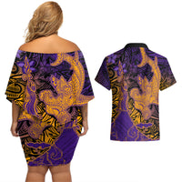 Hawaiian Volcano and Shark Couples Matching Off Shoulder Short Dress and Hawaiian Shirt Polynesian and Hibiscus Pattern Purple Yellow Gradient LT03 - Polynesian Pride