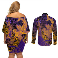 Hawaiian Volcano and Shark Couples Matching Off Shoulder Short Dress and Long Sleeve Button Shirt Polynesian and Hibiscus Pattern Purple Yellow Gradient