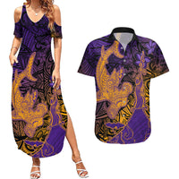 Hawaiian Volcano and Shark Couples Matching Summer Maxi Dress and Hawaiian Shirt Polynesian and Hibiscus Pattern Purple Yellow Gradient LT03 Purple - Polynesian Pride