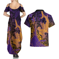 Hawaiian Volcano and Shark Couples Matching Summer Maxi Dress and Hawaiian Shirt Polynesian and Hibiscus Pattern Purple Yellow Gradient LT03 - Polynesian Pride