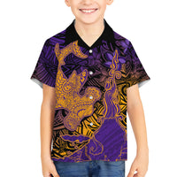 Hawaiian Volcano and Shark Hawaiian Shirt Polynesian and Hibiscus Pattern Purple Yellow Gradient LT03 - Polynesian Pride