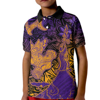 Hawaiian Volcano and Shark Kid Polo Shirt Polynesian and Hibiscus Pattern Purple Yellow Gradient